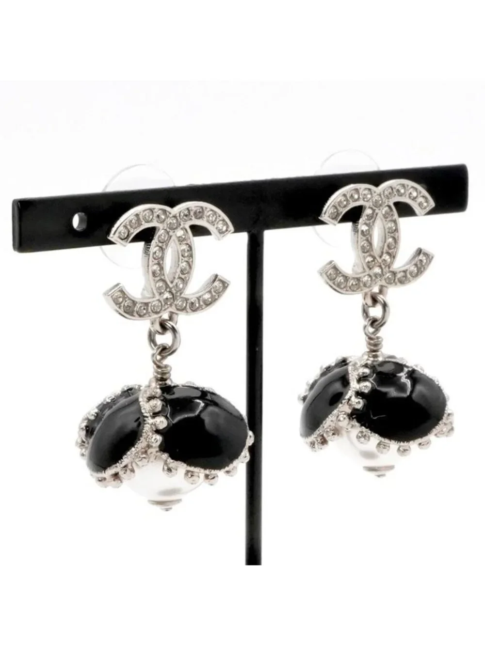 Chanel Earrings Silver Black Coco Mark Rhinestone Flower